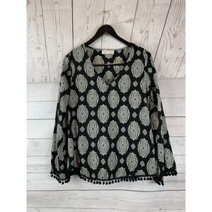 TALLY ANNE Blouse Womens small black print pom pom trim v-neck polyester top